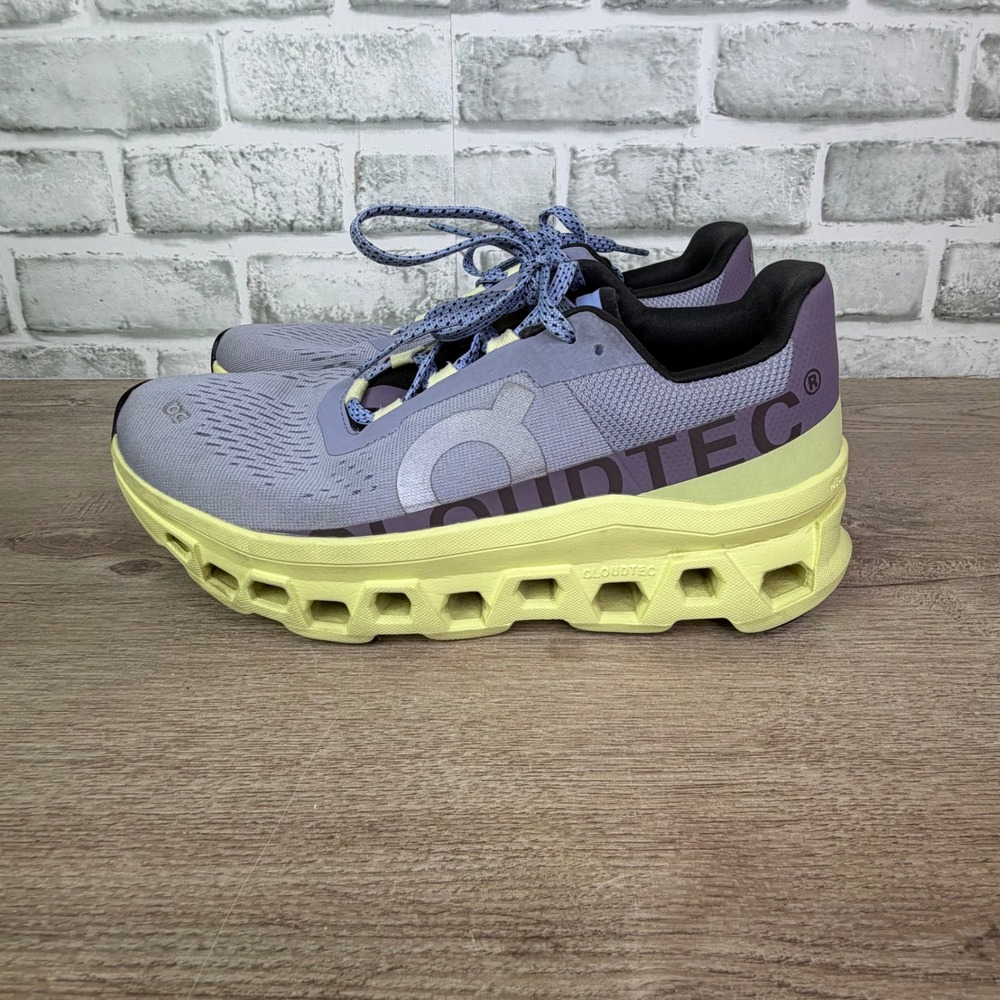 On Cloudmonster Running Shoes Lavender Lime Womens 9